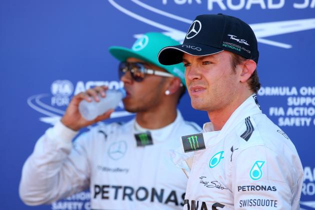 MONTE-CARLO, MONACO - MAY 24:  Teammates Nico Rosberg of Germany and Mercedes GP and Lewis Hamilton of Great Britain and Mercedes GP look on following qualifying ahead of the Monaco Formula One Grand Prix at Circuit de Monaco on May 24, 2014 in Monte-Carlo, Monaco.  (Photo by Julian Finney/Getty Images)