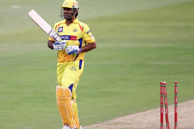 DURBAN, SOUTH AFRICA - OCTOBER 22:  MS Dhoni of Chennai is dismissed during the Champions League twenty20 match between Chennai Super Kings and Yorkshire Carnegie at Sahara Stadium Kingsmead on October 22, 2012 in Durban, South Africa. (Photo by Anesh Debiky / Gallo Images/Getty Images)