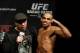 Jan 31, 2014; Newark, NJ, USA; Renan Barao (right) is interviewed by UFC commentator Joe Rogan after weighing in for his Bantamweight Championship bout against Urijah Faber (not pictured) at Prudential Center. Mandatory Credit: Joe Camporeale-USA TODAY Sports