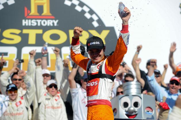 May 24, 2014; Concord, NC, USA; NASCAR Nationwide Series driver Kyle Larson (42) celebrates after winning the History 300 at Charlotte Motor Speedway. Mandatory Credit: Randy Sartin-USA TODAY Sports