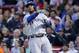 Toronto Blue Jays' Edwin Encarnacion watches his two-run homer in the third inning of a baseball game against the Boston Red Sox at Fenway Park in Boston, Tuesday, May 20, 2014. (AP Photo/Elise Amendola)