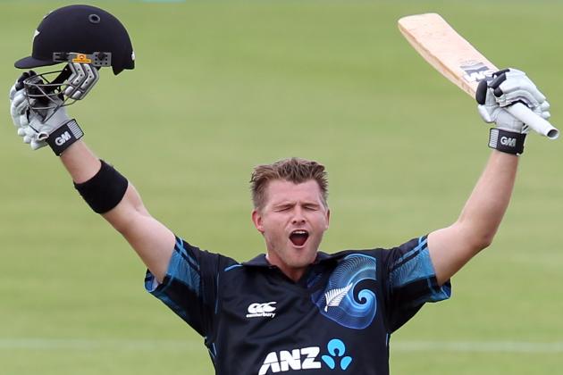QUEENSTOWN, NEW ZEALAND - JANUARY 01:  Corey Anderson of New Zealand celebrates scoring the fastest 100 runs in history during game three of the One Day International Series between New Zealand and the West Indies at Queenstown Events Centre on January 1, 2014 in Queenstown, New Zealand.  (Photo by Rob Jefferies/Getty Images)