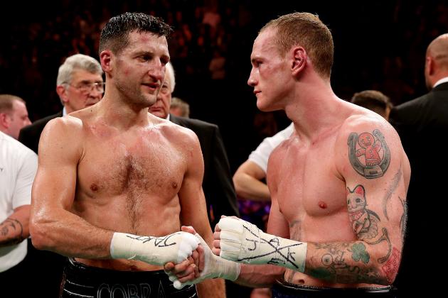 MANCHESTER, ENGLAND - NOVEMBER 23:  Carl Froch shakes hands with George Groves during their IBF and WBA World Super Middleweight bout at Phones4u Arena on November 23, 2013 in Manchester, England.  (Photo by Scott Heavey/Getty Images)