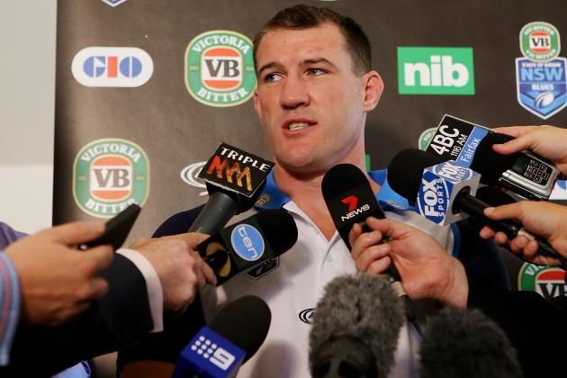 BRISBANE, AUSTRALIA - MAY 26:  Paul Gallen speaks to media during the New South Wales Blues State of Origin media session at Sofitel Hotel on May 26, 2014 in Brisbane, Australia.  (Photo by Chris Hyde/Getty Images)