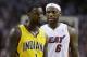 Indiana Pacers guard Lance Stephenson (1) and Miami Heat forward LeBron James (6) exchange words during the second half of Game 3 in the NBA basketball Eastern Conference finals playoff series, Saturday, May 24, 2014, in Miami. (AP Photo/Lynne Sladky)
