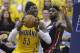 Indiana center Roy Hibbert (left) and Miami forward LeBron James (right)