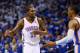 OKLAHOMA CITY, OK - MAY 27: Kevin Durant #35 and Russell Westbrook #0 of the Oklahoma City Thunder react after a play in the third quarter against the San Antonio Spurs during Game Four of the Western Conference Finals of the 2014 NBA Playoffs at Chesapeake Energy Arena on May 27, 2014 in Oklahoma City, Oklahoma. NOTE TO USER: User expressly acknowledges and agrees that, by downloading and or using this photograph, User is consenting to the terms and conditions of the Getty Images License Agreement. (Photo by Ronald Martinez/Getty Images)