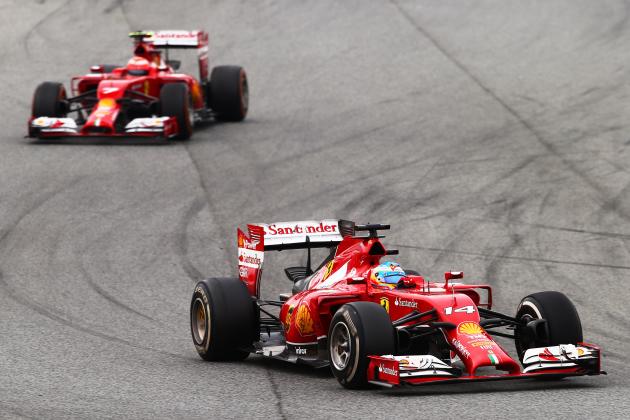 MONTMELO, SPAIN - MAY 11:  Kimi Raikkonen of Finland and Ferrari leads teammae Fernando Alonso of Spain and Ferrari during the Spanish Formula One Grand Prix at Circuit de Catalunya on May 11, 2014 in Montmelo, Spain.  (Photo by Clive Mason/Getty Images)