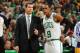 BOSTON, MA - JANUARY 17: Head coach Brad Stevens and Rajon Rondo #9 of the Boston Celtics talkd uring a time out against the Los Angeles Lakers on January 17, 2014 at the TD Garden in Boston, Massachusetts. NOTE TO USER: User expressly acknowledges and agrees that, by downloading and or using this photograph, User is consenting to the terms and conditions of the Getty Images License Agreement. Mandatory Copyright Notice: Copyright 2014 NBAE (Photo by Brian Babineau/NBAE via Getty Images)