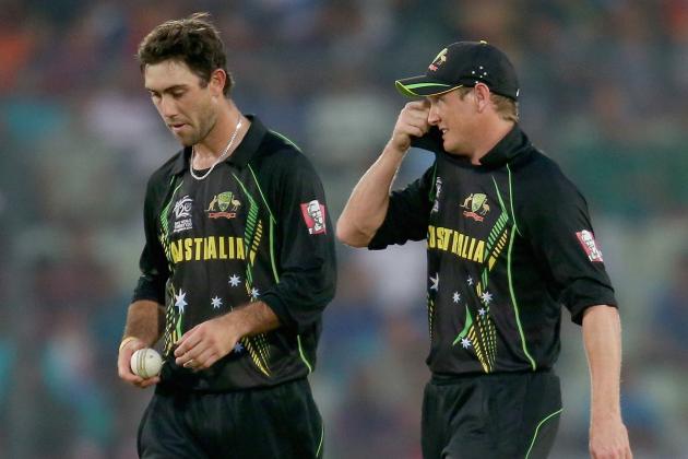 DHAKA, BANGLADESH - MARCH 28:  Glenn Maxwell and George Bailey of Australia look on in the field during the ICC World Twenty20 Bangladesh 2014 match between Australia and the West Indies at Sher-e-Bangla Mirpur Stadium on March 28, 2014 in Dhaka, Bangladesh.  (Photo by Scott Barbour/Getty Images)