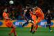 JOHANNESBURG, SOUTH AFRICA - JULY 11: Nigel De Jong of the Netherlands tackles Xabi Alonso of Spain during the 2010 FIFA World Cup South Africa Final match between Netherlands and Spain at Soccer City Stadium on July 11, 2010 in Johannesburg, South Africa. (Photo by Laurence Griffiths/Getty Images)