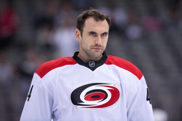Feb 27, 2014; Dallas, TX, USA; Carolina Hurricanes defenseman Jay Harrison (44) skates in warm-ups prior to the game against the Dallas Stars at the American Airlines Center. The Stars defeated the Hurricanes 4-1. Mandatory Credit: Jerome Miron-USA TODAY Sports