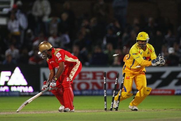 PORT ELIZABETH, SOUTH AFRICA - APRIL 20: Robin Uthappa of Bangalore is stumped by Mahendra Singh Dhoni of Chennai during IPL T20 match between Chennai Super Kings and Royal Challengers Bangalore at St Georges Cricket Ground on April 20, 2009 in Port Elizabeth, South Africa. (Photo by Tom Shaw/Getty Images)