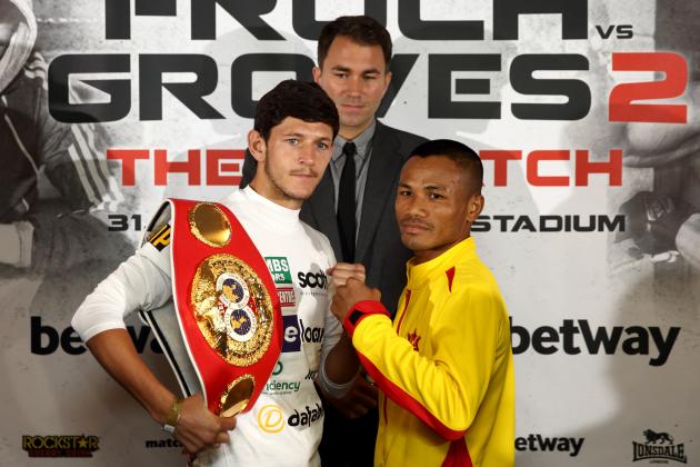 LONDON, ENGLAND - MAY 28:  Jamie McDonnell and Tabtimdaeng Na Rachawat go head to head during a press conference to announce the upcoming Final Eliminator for the IBF Super Middleweight Championship between James DeGale and Brandon Gonzales at Wembley Stadium on May 28, 2014 in London, England.  (Photo by Jordan Mansfield/Getty Images)