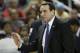 Duke head coach Mike Krzyzewski argues a call during the first half of an NCAA college basketball game against North Carolina State in the semifinals of the Atlantic Coast Conference tournament in Greensboro, N.C., Saturday, March 15, 2014. (AP Photo/Bob Leverone)
