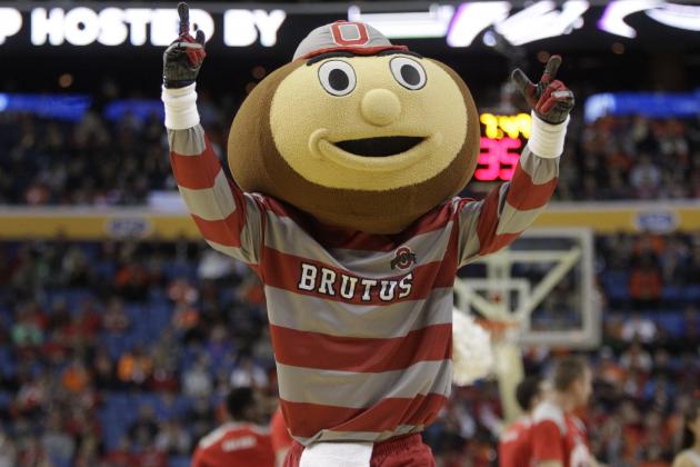 Ohio State's mascot performs during the first half of a second-round game against the Dayton in the NCAA college basketball tournament in Buffalo, N.Y., Thursday, March 20, 2014. (AP Photo/Bill Wippert)
