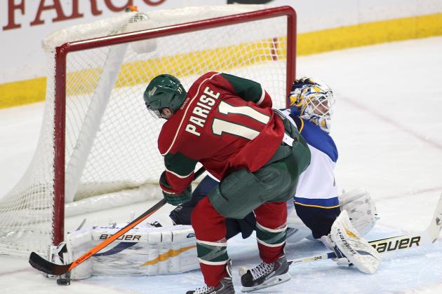 Minnesota Wild left wing Zach Parise (11) is stopped by St. Louis Blues goalie Brian Elliott (1) during the shoot out of their NHL hockey game Sunday, March 9, 2014 in St. Paul, Minn.. The Blues defeated the Wild 3-2 in a shootout.(AP Photo/Andy Clayton-King)