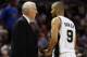 SAN ANTONIO, TX - MAY 29: Head coach Gregg Popovich of the San Antonio Spurs and Tony Parker #9 talk late in the game against the Oklahoma City Thunder during Game Five of the Western Conference Finals of the 2014 NBA Playoffs at AT&T Center on May 29, 2014 in San Antonio, Texas. NOTE TO USER: User expressly acknowledges and agrees that, by downloading and or using this photograph, User is consenting to the terms and conditions of the Getty Images License Agreement. (Photo by Ronald Martinez/Getty Images)