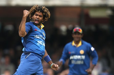 Sri Lanka's Lasith Malinga celebrates after taking the wicket of England's Ian Bell during their One Day International cricket match at Lord's cricket ground in London, Saturday, May 31, 2014. (AP Photo/Alastair Grant)