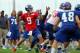Aug 7, 2013; East Rutherford, NJ, USA; New York Giants quarterback Ryan Nassib (9) drops back to pass during team practice at the Quest Diagnostics Training Center. Mandatory Credit: Brad Penner-USA TODAY Sports