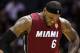 Miami Heat forward LeBron James (6) heads down court between plays against the San Antonio Spurs during the first half in Game 1 of the NBA basketball finals on Thursday, June 5, 2014, in San Antonio. (AP Photo/Eric Gay)