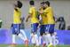 Brazil's Willian, left, celebrates with teammates after scoring against Panama's during a friendly soccer match at the Serra Dourada stadium in Goiania, Brazil, Tuesday, June 3, 2014. Brazil is preparing for the World Cup soccer tournament that starts on 12 June. (AP Photo/Andre Penner)