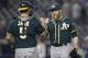 Oakland Athletics catcher John Jaso (5) congratulates relief pitcher Sean Doolittle after Doolitle closed out the 10th inning in the Athletics' 5-2 victory over the New York Yankees in a baseball game at Yankee Stadium in New York, Tuesday, June 3, 2014. (AP Photo/Kathy Willens)