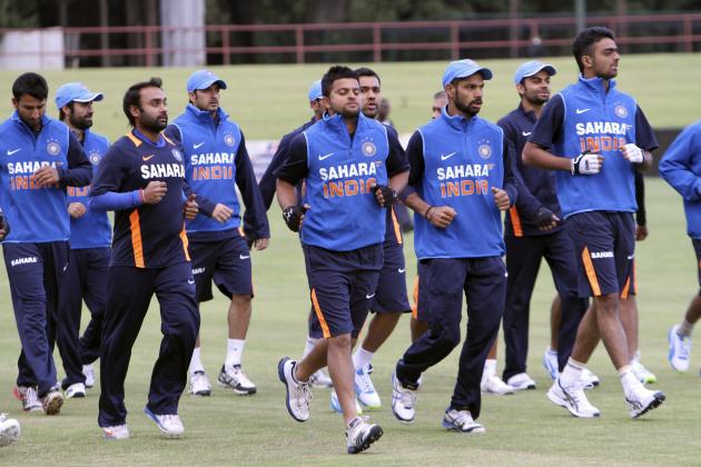 Indian Cricket players are seen during a practice session in Harare, Monday, July, 22, 2013. India and Zimbabwe will play a one day cricket match Wednesday. (AP Photo/Tsvangirayi Mukwazhi)