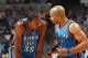 MEMPHIS, TN - MAY 11: Derek Fisher #6 of the Oklahoma City Thunder shares a word with teammate Kevin Durant #35 in Game Three of the Western Conference Semifinals against the Memphis Grizzlies during the 2013 NBA Playoffs on May 11, 2013 at FedExForum in Memphis, Tennessee. NOTE TO USER: User expressly acknowledges and agrees that, by downloading and or using this photograph, User is consenting to the terms and conditions of the Getty Images License Agreement. Mandatory Copyright Notice: Copyright 2013 NBAE (Photo by Joe Murphy/NBAE via Getty Images)