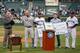 SEATTLE, WA - JUNE 10: (L to R) Jay Buhner, Derek Jeter #2 of the New York Yankees, Robinson Cano #22 of the Seattle Mariners, Edgar Martinez, and pitcher Felix Hernandez #34 present an award to Jeter prior to the between the Seattle Mariners and the New York Yankees at Safeco Field on June 10, 2014 in Seattle, Washington. (Photo by Otto Greule Jr/Getty Images)