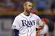 Tampa Bay Rays' Evan Longoria reacts during a pitching change in the eighth inning of a baseball game against the St. Louis Cardinals, Tuesday, June 10, 2014, in St. Petersburg, Fla. The Cardinals won 1-0. (AP Photo/Mike Carlson)