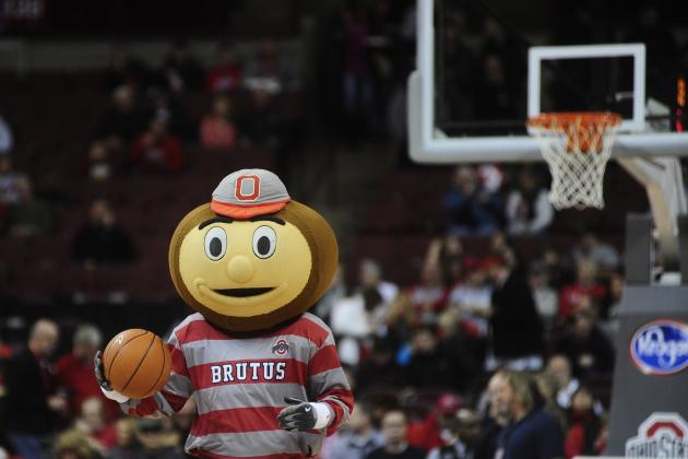 COLUMBUS, OH - JANUARY 4:  Ohio State Mascot Brutus the Buckeye goofs around with a basketball prior to the start of the game against the Nebraska Cornhuskers on January 4, 20114 at Value City Arena in Columbus, Ohio.  Ohio State won by a final score of 84-53.  (Photo by Ryan Young/Getty Images)