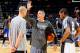 SAN ANTONIO, TX - NOVEMBER 15: Chip Engelland, assistant coach of the San Antonio Spurs, center, speaks with Kawhi Leonard #2 before a game against the New York Knicks on November 15, 2012 at the AT&T Center in San Antonio, Texas. NOTE TO USER: User expressly acknowledges and agrees that, by downloading and or using this photograph, user is consenting to the terms and conditions of the Getty Images License Agreement. Mandatory Copyright Notice: Copyright 2012 NBAE (Photos by D. Clarke Evans/NBAE via Getty Images)