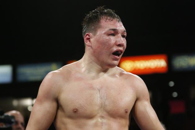 Ruslan Provodnikov, of Russia, in the seventh round of a WBO welterweight title boxing match against Timothy Bradley in Carson, Calif., Saturday, March 16, 2013. (AP Photo/Jae C. Hong)