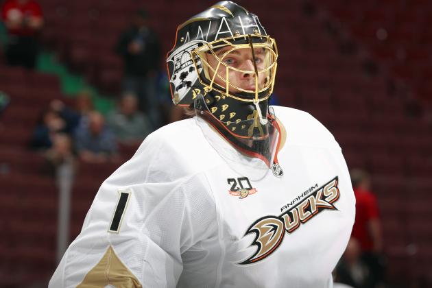 VANCOUVER, BC - APRIL 7:  Jonas Hiller #1 of the Anaheim Ducks looks on from his crease during their NHL game against the Vancouver Canucks at Rogers Arena April 7, 2014 in Vancouver, British Columbia, Canada.  Anaheim won 3-0 to eliminate the Canucks from the playoffs. (Photo by Jeff Vinnick/NHLI via Getty Images)