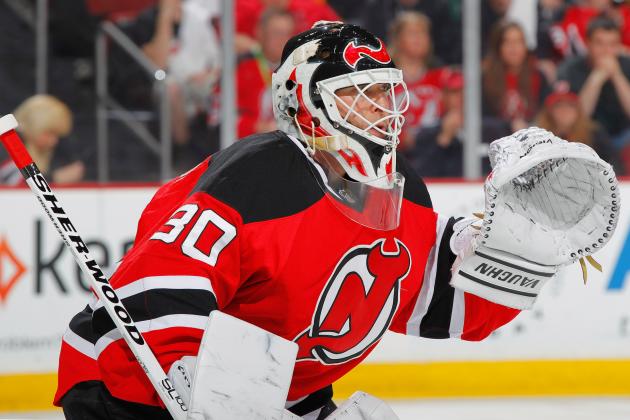 NEWARK, NJ - APRIL 13: Goaltender Martin Brodeur #30 of the New Jersey Devils looks against the Boston Bruins at the Prudential Center on April 13, 2014 in Newark, New Jersey. (Photo by Andy Marlin/NHLI via Getty Images)
