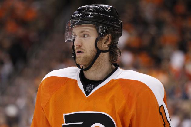 Philadelphia Flyers' Sean Couturier looks on during the second period in Game 4 of an NHL hockey first-round playoff series against the New York Rangers, Friday, April 25, 2014, in Philadelphia. The Flyers won 2-1. (AP Photo/Chris Szagola)