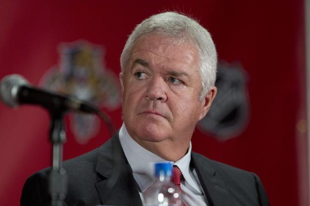 Dale Tallon, the Florida Panthers' Executive Vice President, during a Friday, Sept. 27, 2013 press conference in Sunrise, Fla. Vincent Viola was formally introduced as the Panthers' principal owner, chairman and governor on Friday, after spending $250 million for the team and the operating rights to the BB&T Center, where Florida plays its home games. (AP Photo/J Pat Carter)