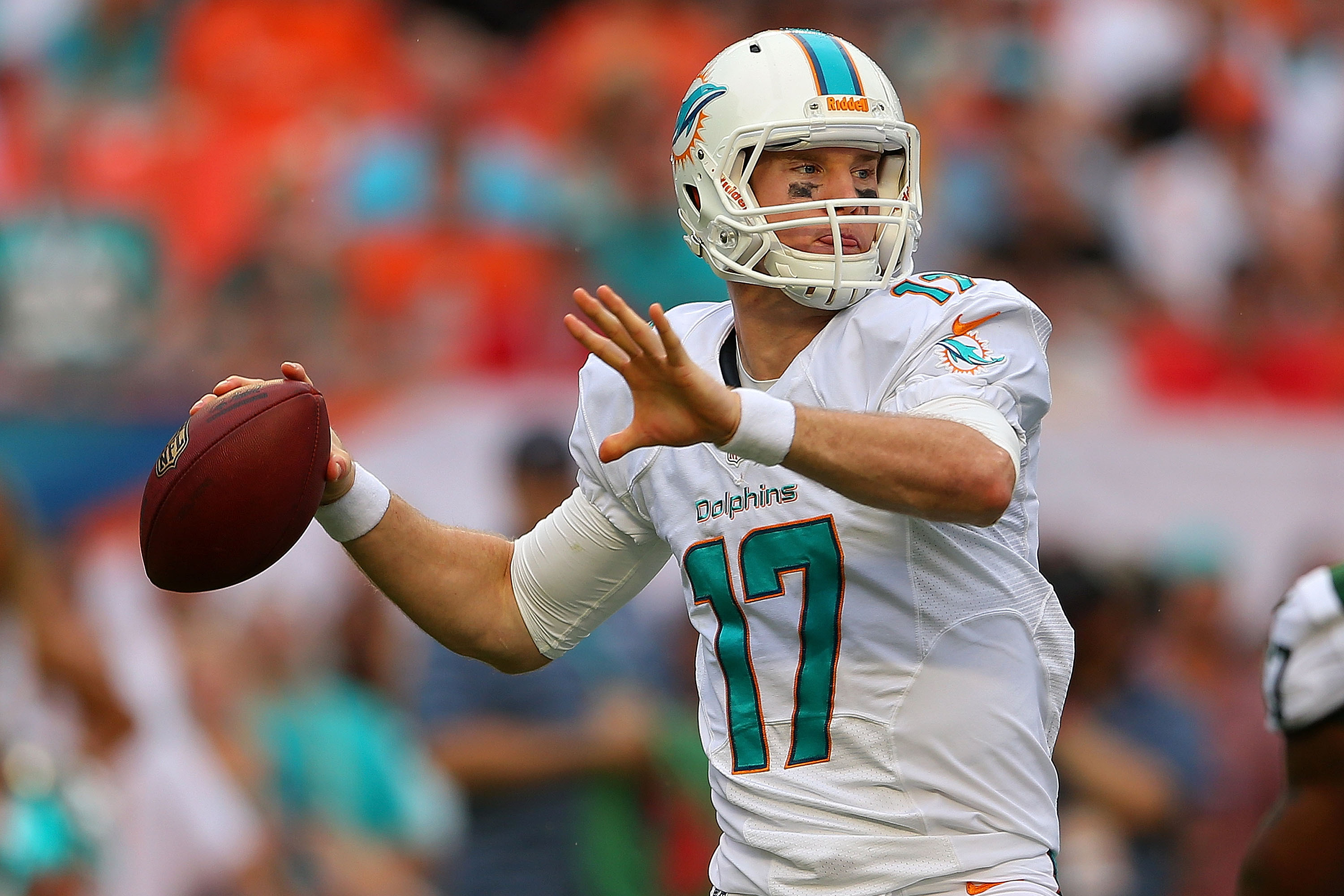 Miami Dolphins quarterback Ryan Tannehill drops back to pass against the  Indianapolis Colts in the second