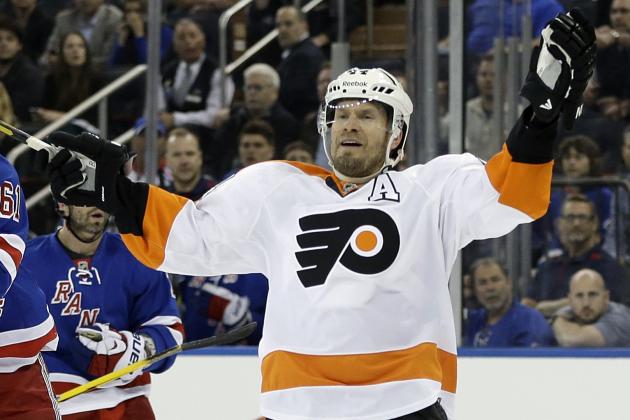 FILE - In this April 27, 2014 file photo, Philadelphia Flyers' Kimmo Timonen, of Finland, reacts during the third period in Game 5 of an NHL hockey first-round playoff series against the New York Rangers,  in New York. The Flyers have signed defenseman Timonen to a one-year contract extension. (AP Photo/Seth Wenig, File)