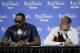 Miami Heat forward LeBron James, left, and Dwyane Wade participate in a news conference after Game 5 of the NBA basketball finals against the San Antonio Spurs, on Sunday, June 15, 2014, in San Antonio. The Spurs won the NBA championship 104-87. (AP Photo/Tony Gutierrez)