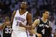 Oklahoma City Thunder forward Kevin Durant (35) and San Antonio Spurs guard Danny Green (4) react in the second half of Game 6 of the Western Conference finals NBA basketball playoff series in Oklahoma City, Saturday, May 31, 2014. (AP Photo/Sue Ogrocki)
