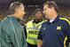 October 20, 2012; Ann Arbor, MI, USA; Michigan Wolverines head coach Brady Hoke and Michigan State Spartans head coach Mark Dantonio shake hands after game at Michigan Stadium. Michigan won 12-10. Mandatory Credit: Mike Carter-USA TODAY Sports