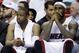 Miami Heat forward LeBron James, right and guard Dwyane Wade sit on the bench during the last minutes in the second half in Game 4 of the NBA basketball finals against the San Antonio Spurs, Thursday, June 12, 2014, in Miami. The Spurs defeated the Heat 107-86. (AP Photo/Lynne Sladky)