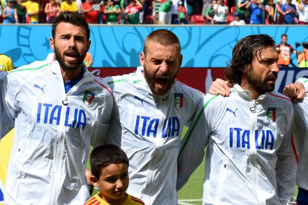 RECIFE, BRAZIL - JUNE 20: (L-R) Andrea Barzagli, Daniele De Rossi and Andrea Pirlo of Italy sing the National Anthem prior to the 2014 FIFA World Cup Brazil Group D match between Italy and Costa Rica at Arena Pernambuco on June 20, 2014 in Recife, Brazil. (Photo by Claudio Villa/Getty Images)