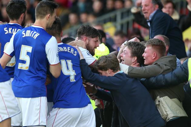 WATFORD, ENGLAND - APRIL 19: Anthony Wordsworth of Ipswich celebrates with fans after he scores the his team's first goal during the Sky Bet Championship match between Watford and Ipswich Town at Vicarage Road on April 19, 2014 in Watford, England. (Photo by Charlie Crowhurst/Getty Images)
