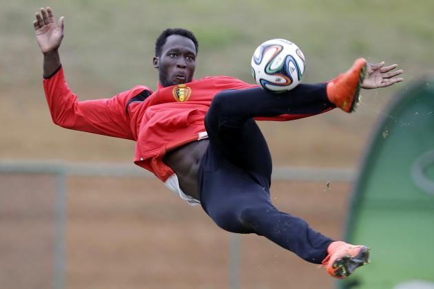 Romelu Lukaku kicks the ball during a training session of Belgium in Mogi Das Cruzes, Brazil, Thursday, June 19, 2014. Belgium play in group H of the 2014 soccer World Cup. (AP Photo/Andrew Medichini)