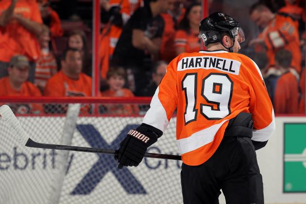PHILADELPHIA, PA - APRIL 13: Scott Hartnell #19 of the Philadelphia Flyers warms up prior to his game against the Carolina Hurricanes on April 13, 2014 at the Wells Fargo Center in Philadelphia, Pennsylvania. (Photo by Len Redkoles/NHLI via Getty Images)