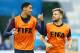 BELO HORIZONTE, BRAZIL - JUNE 23: Chris Smalling (L) and Luke Shaw of England run through drills during an England training session ahead of the 2014 FIFA World Cup Brazil Group D match against Costa Rica at Estadio Mineirao on June 23, 2014 in Belo Horizonte, Brazil. (Photo by Richard Heathcote/Getty Images)