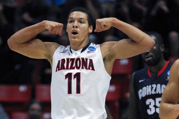 Arizona forward Aaron Gordon reacts after scoring a basket while playing Gonzaga during the first half of a third-round game in the NCAA college basketball tournament, Sunday, March 23, 2014, in San Diego. (AP Photo/Denis Poroy)